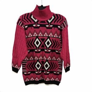 NWT Retro 80s Michael Carrie Aztec Pink Black Pullover Mock Neck Women’s S
